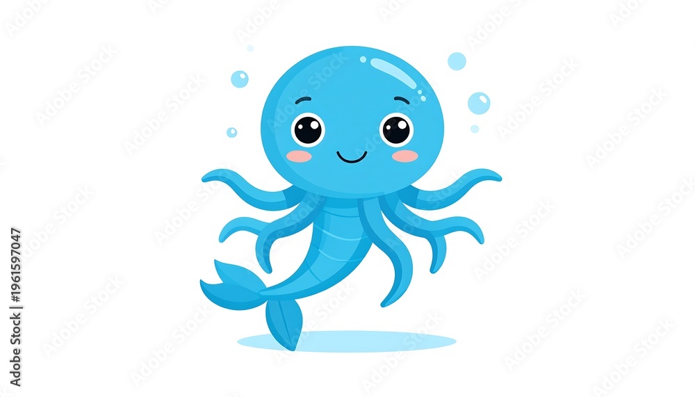Fototapeta premium A happy aquatic creature with a round head, expressive eyes, and eight waving appendages, some with a fin-like ending. Bubbles float around it