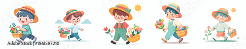 vector of a little boy walking with a basket of flowers in spring