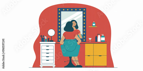 Young woman sitting in a salon chair looking at her reflection in a large illuminated vanity mirror Vector