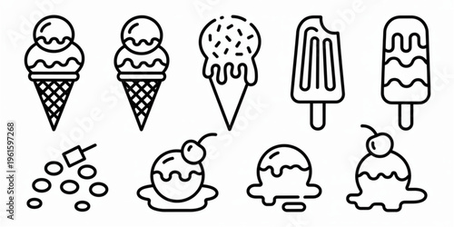 A collection of various ice cream treats including cones popsicles scoops and sprinkles symbols Vector