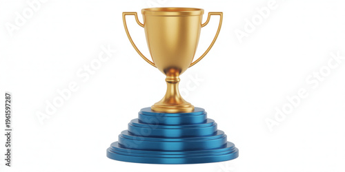 A shiny golden trophy cup resting on top of a multi-tiered circular metallic blue pedestal base Vector