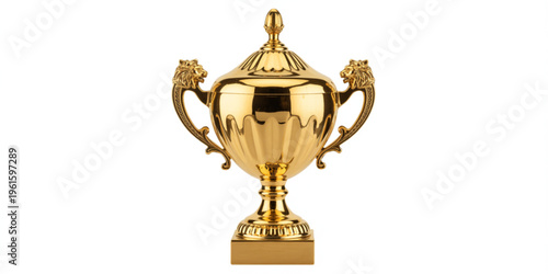 A polished golden trophy cup featuring ornate lion head handles and a decorative lidded top design Vector
