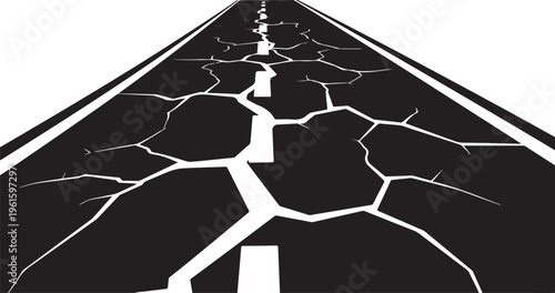 Cracked asphalt road with white lines on isolated background