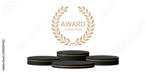Black circular pedestal podium with gold trim and a golden laurel wreath award emblem above it Vector