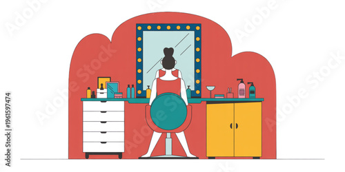 A woman sitting in a chair in front of a professional vanity mirror with various beauty products Vector