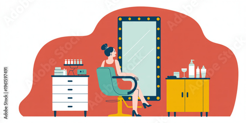 A woman sitting in a salon chair in front of a professional vanity mirror with bright light bulbs Vector