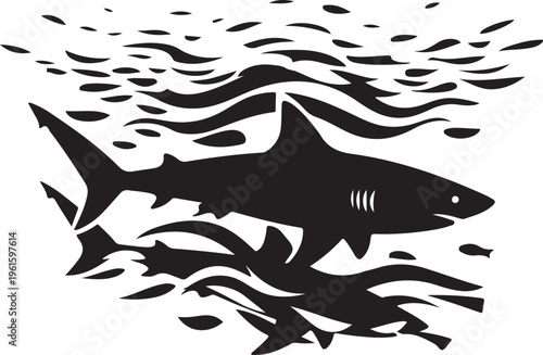 Black Shark Swimming in Ocean Water Silhouette Illustration