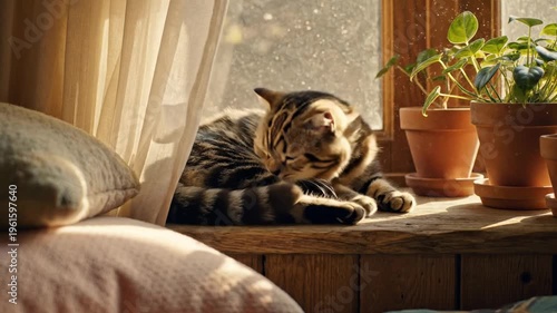 Cozy tabby cat basking in warm sunlight on a wooden windowsill