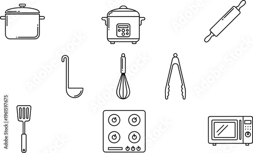 Kitchen Utensil Outline Icon Set with Cooking Pot Rice Cooker Rolling Pin Whisk Stove Microwave and Spatula Symbols Collection for Culinary Tools Vector Illustration Pack