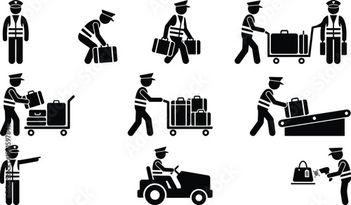 Conjunto de pictogramas de funcionários do aeroporto manuseando bagagem e realizando tarefas de transporte.