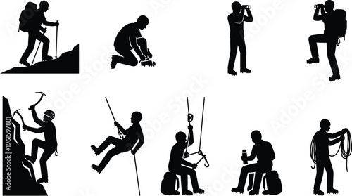 Silhuetas de pessoas praticando montanhismo, escalada, caminhada e outras atividades ao ar livre, com equipamentos.