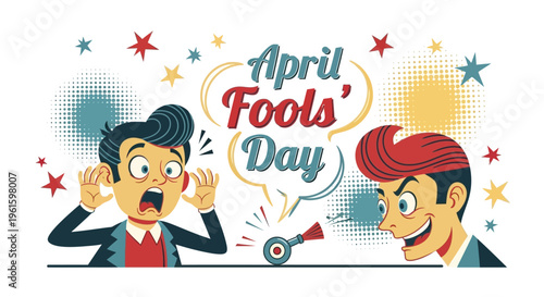 Illustration of two friends celebrating April Fools' Day with a playful prank concept, conveying humor and jokes in a lighthearted fun moment.