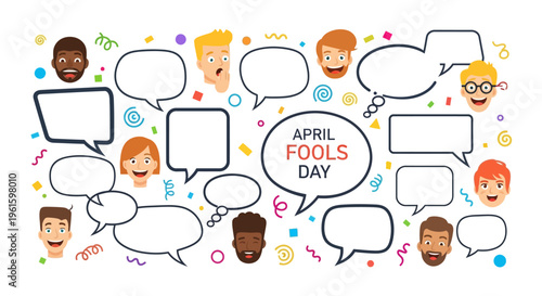 Illustration of diverse people with speech bubbles celebrating April Fools' Day with humor and jokes concept on a playful background.