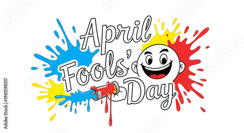 Illustration of a smiling face with colorful paint splatters and the text 'April Fools' Day' in a playful, humorous concept for April 1st celebration.