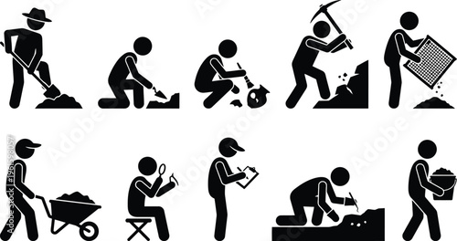 Conjunto de ícones de pessoas realizando trabalhos manuais, escavação e pesquisa arqueológica.