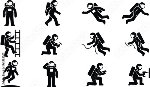 Ilustrações vetoriais de astronautas em diversas atividades e poses no espaço, representando exploração espacial.