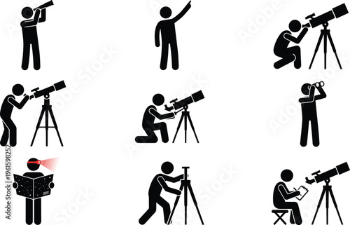 Pessoas observando estrelas e paisagens com telescópios e binóculos, explorando o céu noturno e o ambiente.