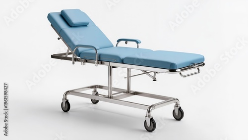High-quality image of a modern medical examination table with adjustable backrest and chrome frame, isolated on a clean white background.