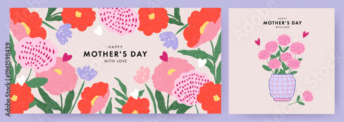 Mother's Day card. Trendy banner, poster, flyer, label or cover with flowers frame, abstract floral pattern in mid century art style. Spring summer bright abstract floral design template for ads promo
