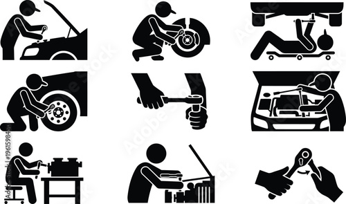 Ícones de mecânicos automotivos realizando diversas tarefas de manutenção e reparo de veículos.