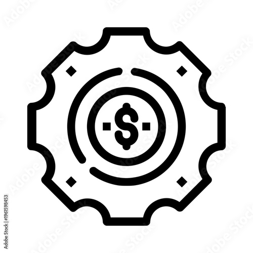 Gear icon with a dollar sign for financial concepts. Suitable for websites, presentations, and financialrelated design projects needing an industrial touch.
