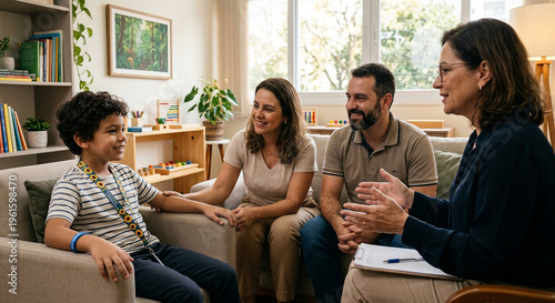 Happy family in a therapy session with counselor