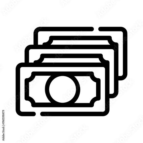 Black line drawing of stacked paper currency or money. Suitable for finance, banking, economyrelated designs needing simplistic currency visuals.
