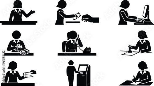 Ilustrações de figuras de palito de mulheres realizando diversas tarefas de escritório, bancárias e administrativas.