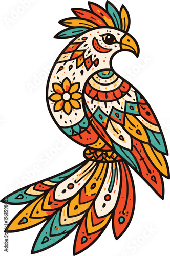 Stylized Folk Art Bird Illustration with Colorful Mandala Patterns and Geometric Ornaments Isolated on White Background