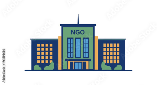 Illustration of an NGO building with the letters 'NGO' prominently displayed on its facade