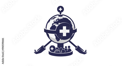 Global Health and Community Care Emblem with Medical Cross, Earth, and People