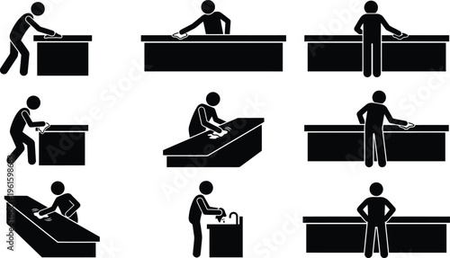 Piktogramme von Personen, die Theken und Oberflächen reinigen und abwischen.