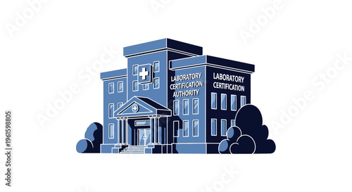 Modern Laboratory Certification Authority Building Icon Representing Medical Compliance and Health Services