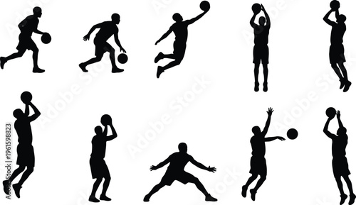 Silhuetas de jogadores de basquete em diversas poses de ação, incluindo dribles, arremessos e saltos, em um fundo branco.