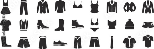 Large set of black clothing silhouettes including dress pants jacket shirt boots and shoes for fashion design wardrobe collection retail shop and apparel icons 