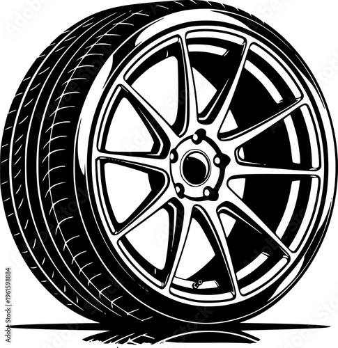 set of Custom Alloy Car Rim with Performance Tire Silhouette Vector for Sports Car Automotive Tuning and Aftermarket Branding vector on white background