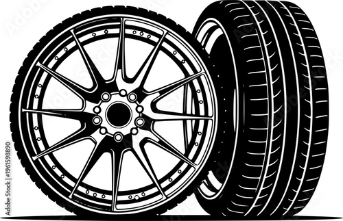 set of Custom Alloy Car Rim with Performance Tire Silhouette Vector for Sports Car Automotive Tuning and Aftermarket Branding vector on white background