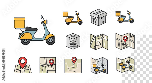 Food Delivery Service Icons: Scooter, Map, Box, Location Pin Set