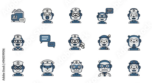 AI Chatbot Avatars: Medical, Superhero, and Robot Icons Set