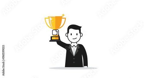 Businessman holding golden trophy, celebrating success and achievement, cartoon illustration
