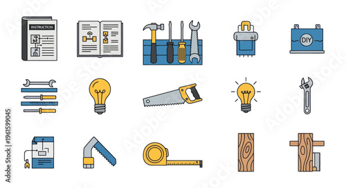 DIY Tools and Manual Icons Set - Home Improvement, Repair, Construction