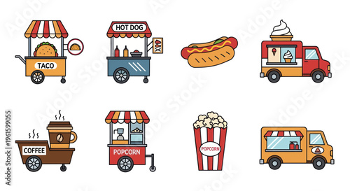 Street Food Cart Icons: Tacos, Hot Dogs, Coffee, Popcorn, Ice Cream Truck