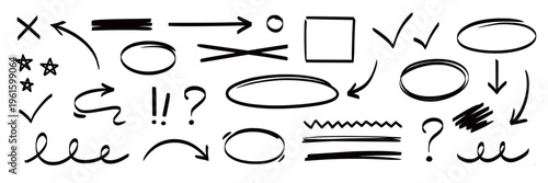 Arrow, highlight, oval marker pen set. Arrow line marker hand drawn pencil stroke sketch circle underline. Doodle check cross curve oval round icon sign texture rough. Vector illustration