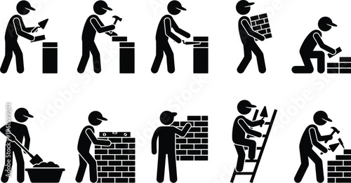 Schritt-für-Schritt-Anleitung zur Ziegelmauerwerk-Konstruktion durch Bauarbeiter-Piktogramme.