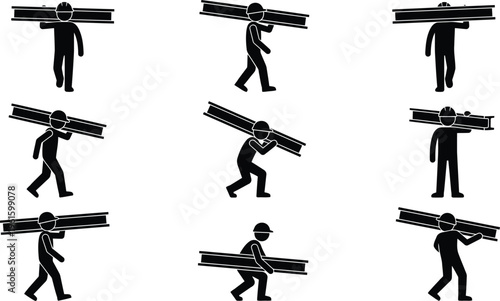 Eine Reihe von neun Piktogrammen, die Arbeiter mit Schutzhelmen darstellen, die schwere Metallträger über ihren Schultern oder in ihren Händen tragen, symbolisierend harte Arbeit und Bauwesen.