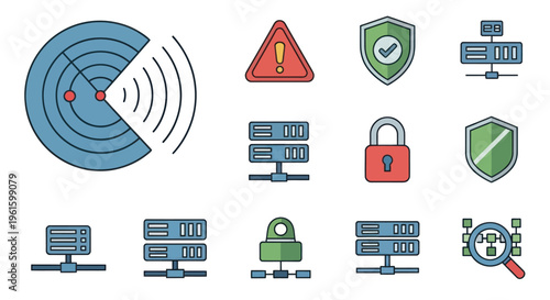 Cybersecurity Icons: Radar, Shield, Server, Lock, Warning, Network