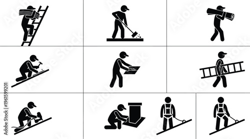 Detaillierte Darstellung von Dachdeckerarbeiten und Arbeitssicherheit auf dem Dach mit verschiedenen Tätigkeiten und Werkzeugen.