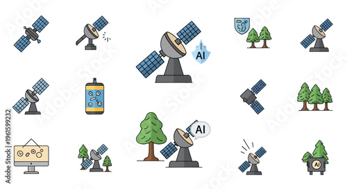 Satellite Communication AI Technology Icons Set