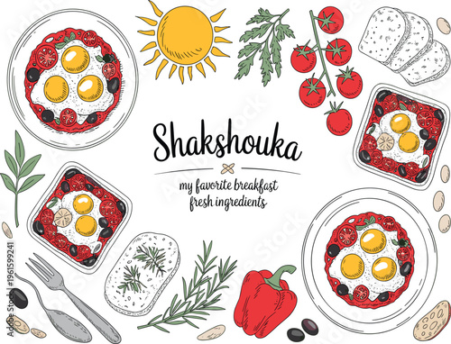 Shakshouka vector set with eggs, tomatoes, bread, and fresh ingredients, for breakfast menu and cooking