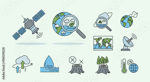 Climate Change Icons: Satellite, Earth, Weather, Deforestation, Thermometer